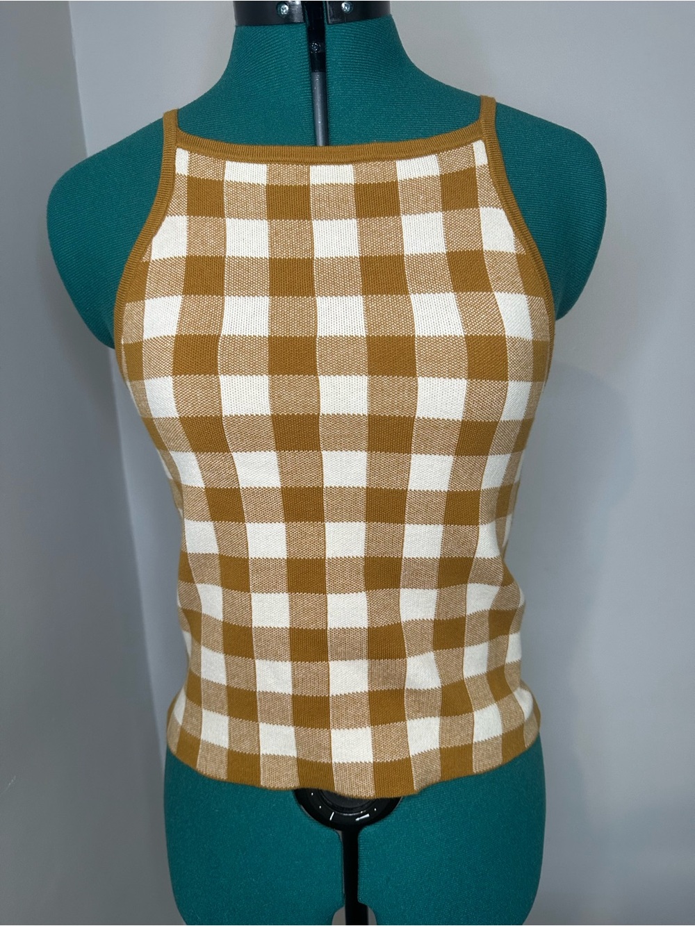 Madewell Tan & Cream Gingham Halter Knit Tank Top